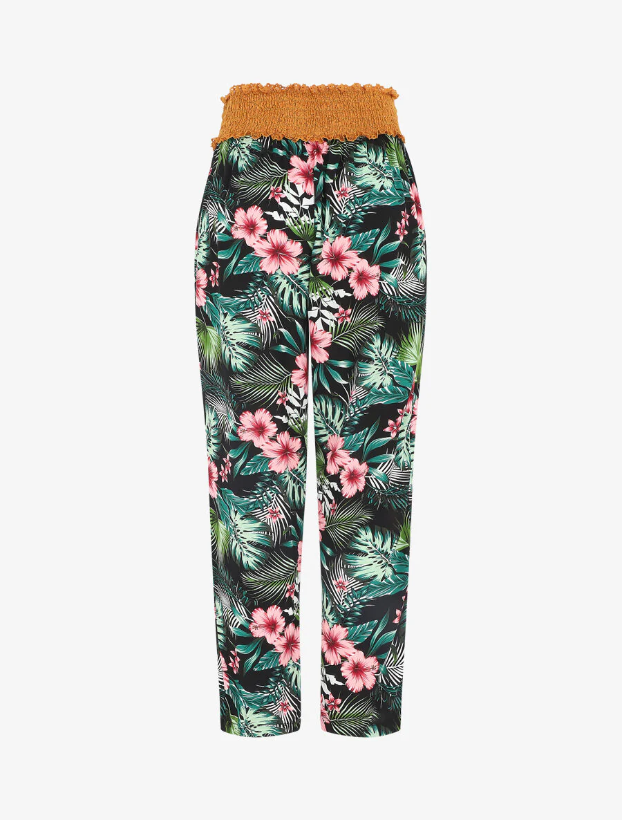 Broek met rechte pijpen en hoge taille met tropische print - zwart - Image 2