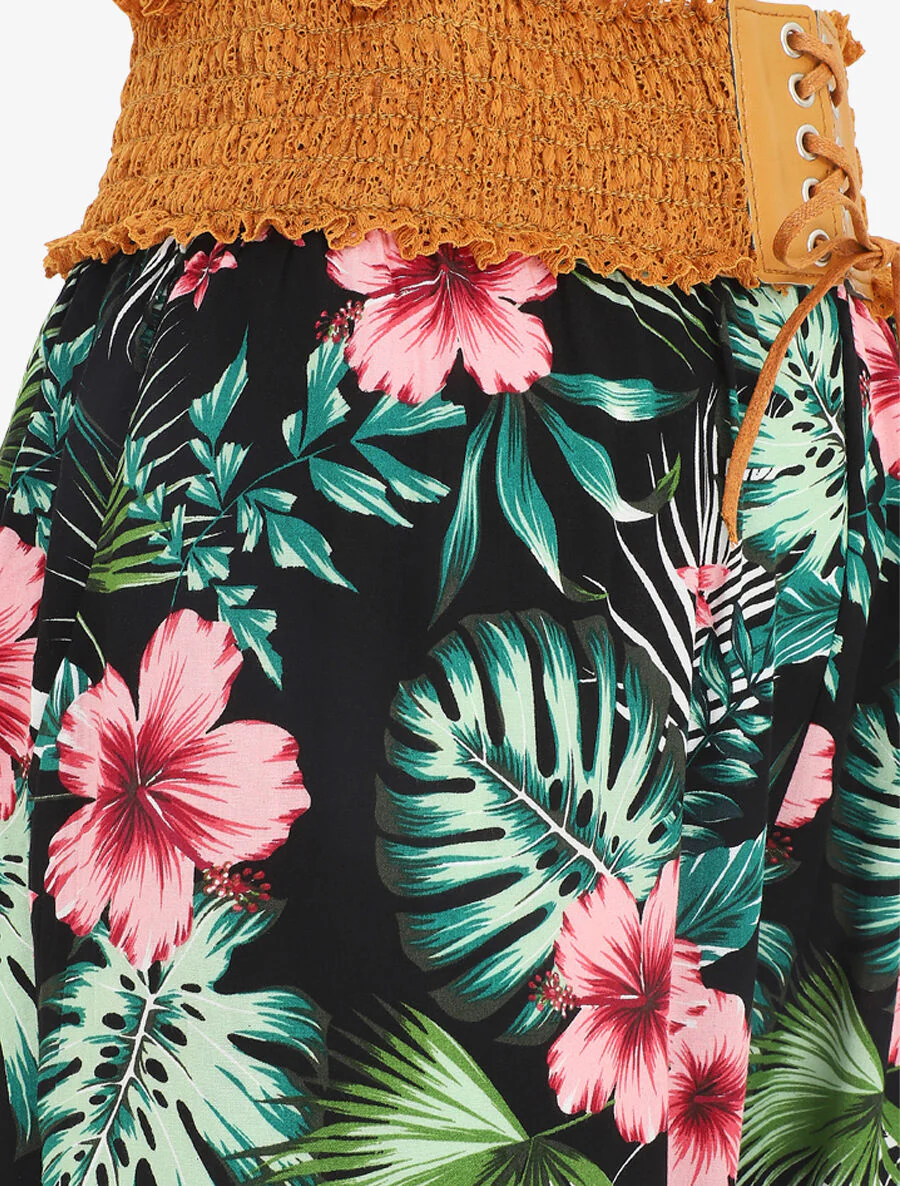Broek met rechte pijpen en hoge taille met tropische print - zwart - Image 3