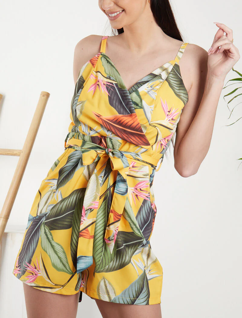 Combi-short met bladerenprint - geel
