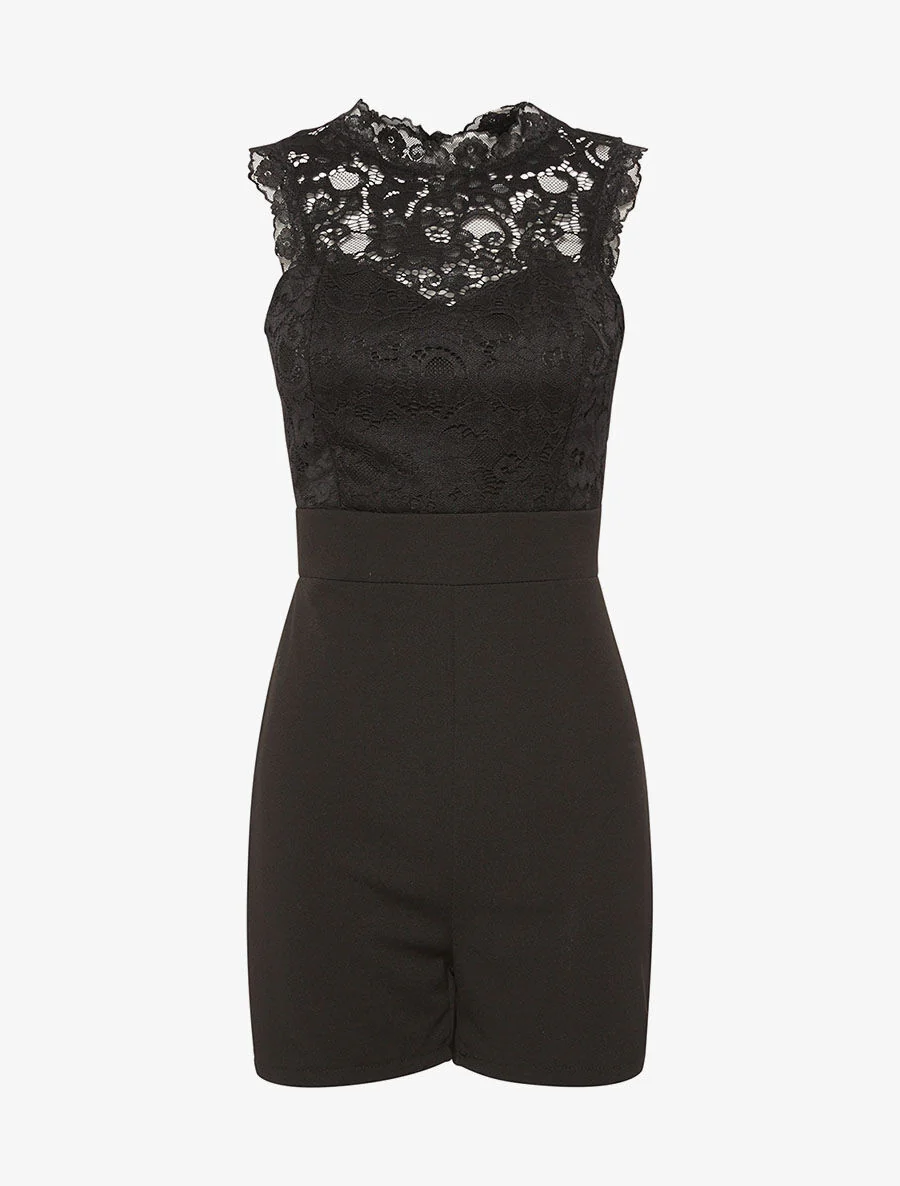 Korte jumpsuit met kanten buste en open rug - zwart