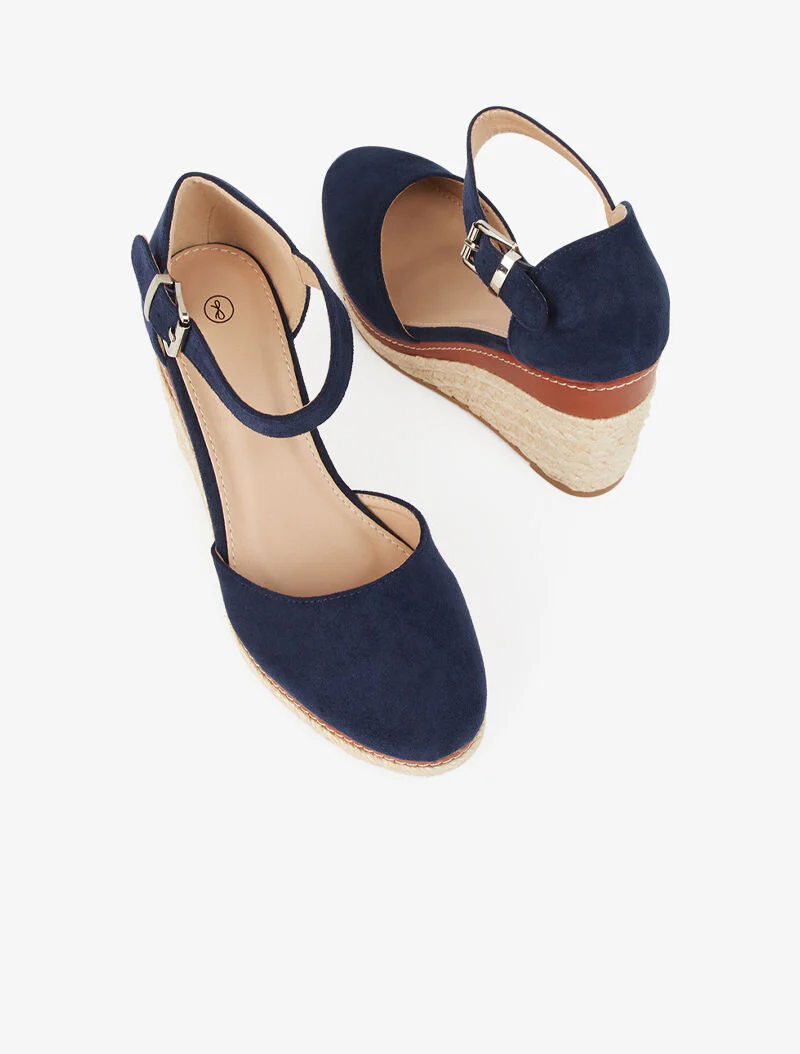 Suède sleehakken met raffia zool - marineblauw