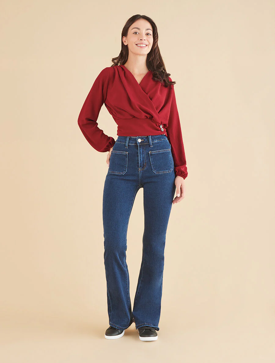 Crop-top met omslagkraag - bordeauxrood - Image 4