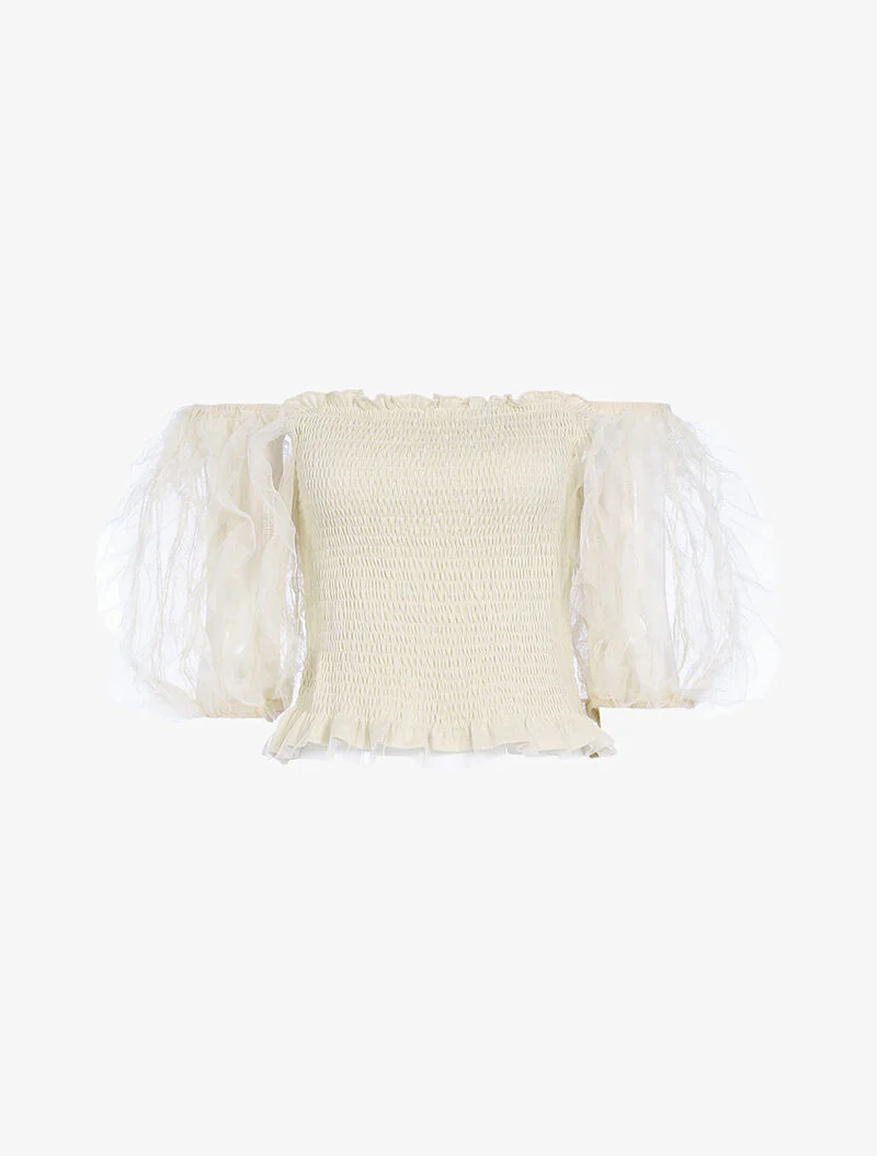 Crop top met ruches en pofmouwen - beige - Image 3
