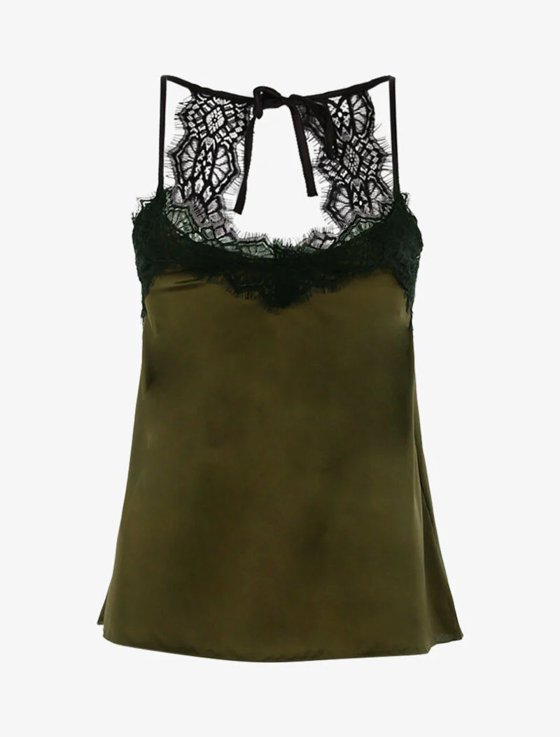 Satijnen tanktop met kanten rand - kaki