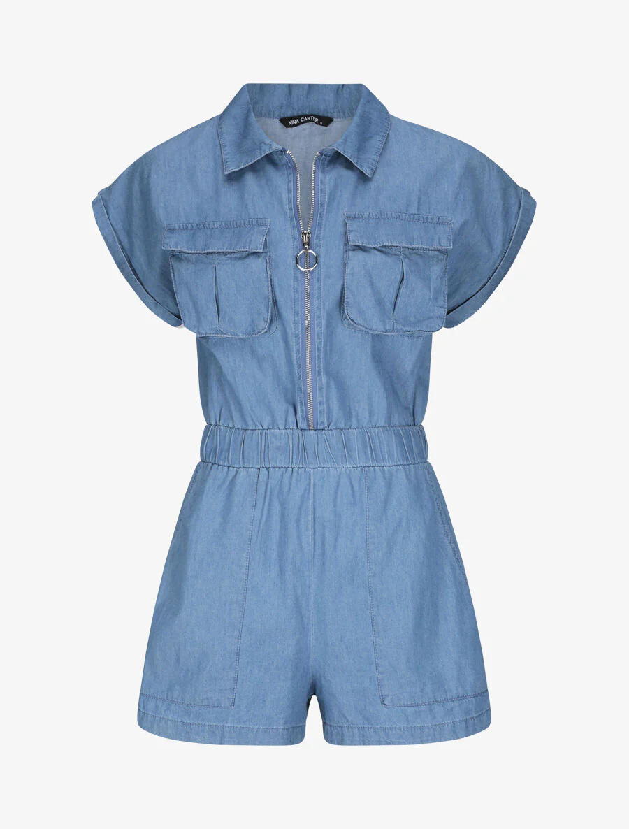 Effen denim jumpsuit met korte mouwen - Blauw
