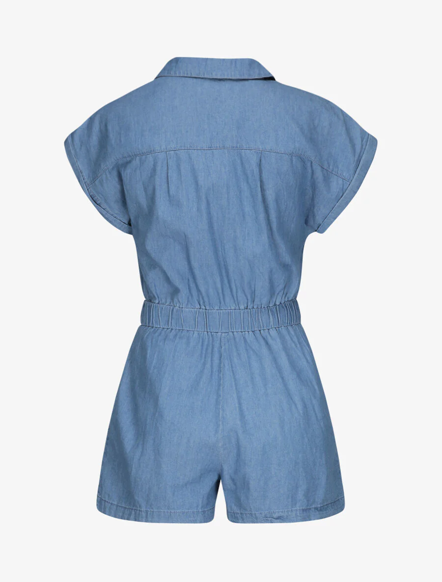 Effen denim jumpsuit met korte mouwen - Blauw - Image 2