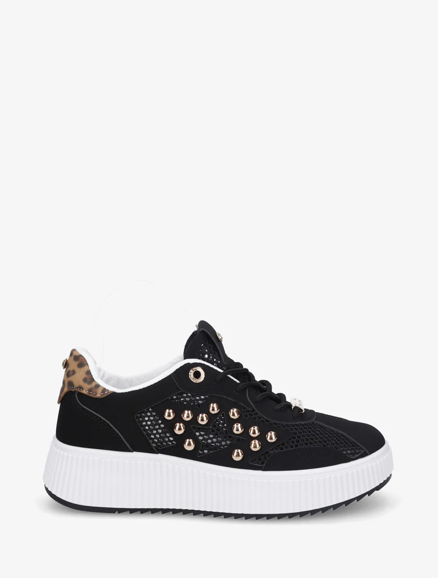 Doorgestikte sneakers met strass en geribbelde plateauzool. - Zwart