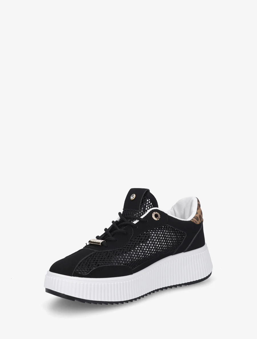 Doorgestikte sneakers met strass en geribbelde plateauzool. - Zwart - Image 3