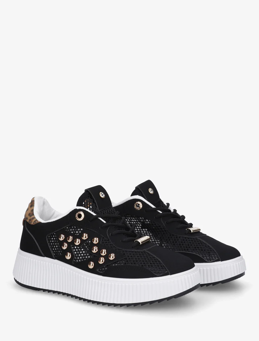 Doorgestikte sneakers met strass en geribbelde plateauzool. - Zwart - Image 4