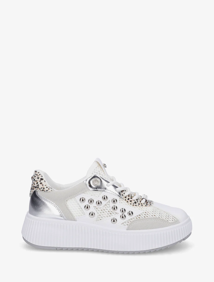 Doorgestikte sneakers met strass en geribbelde plateauzool. - Grijs