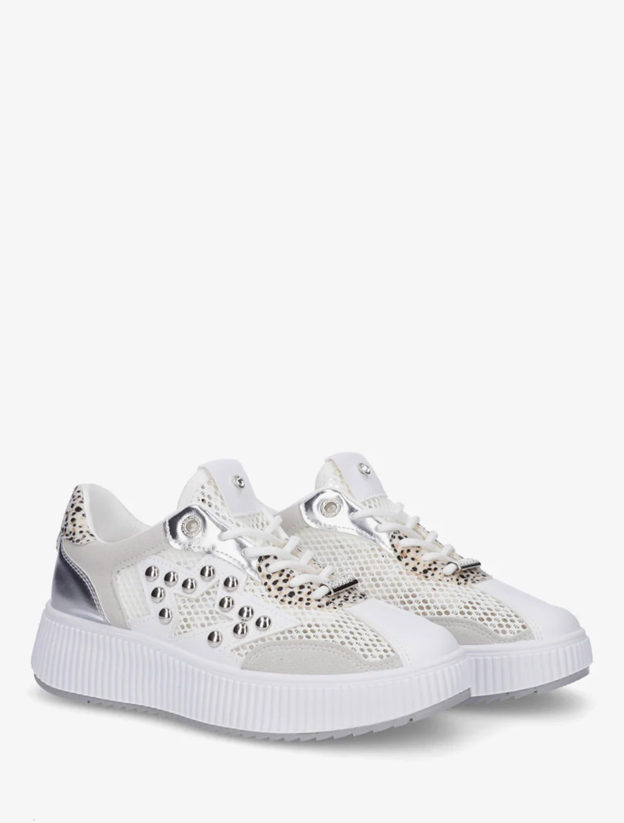 Doorgestikte sneakers met strass en geribbelde plateauzool. - Grijs - Image 4