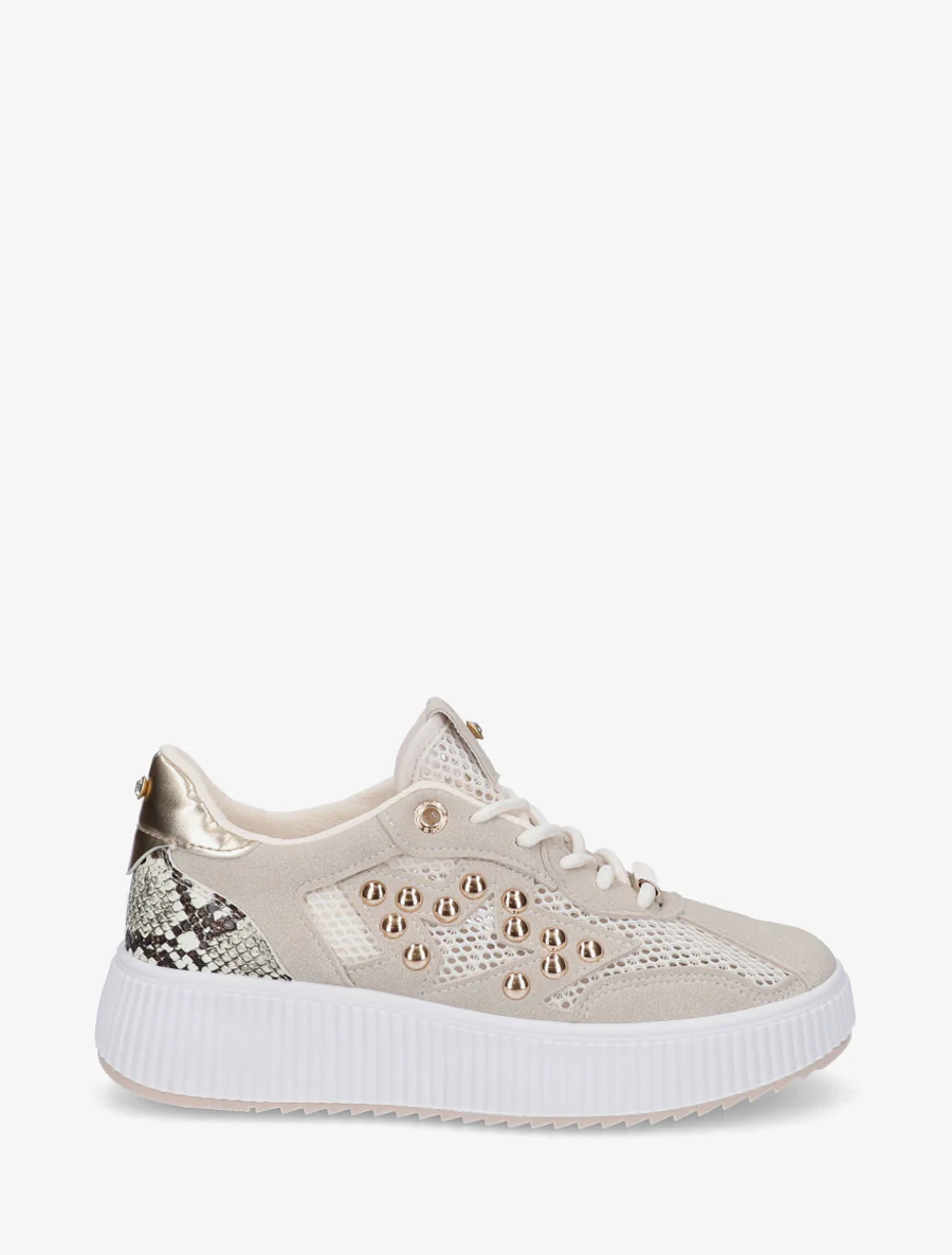 Doorgestikte sneakers met strass en geribbelde plateauzool. - Beige