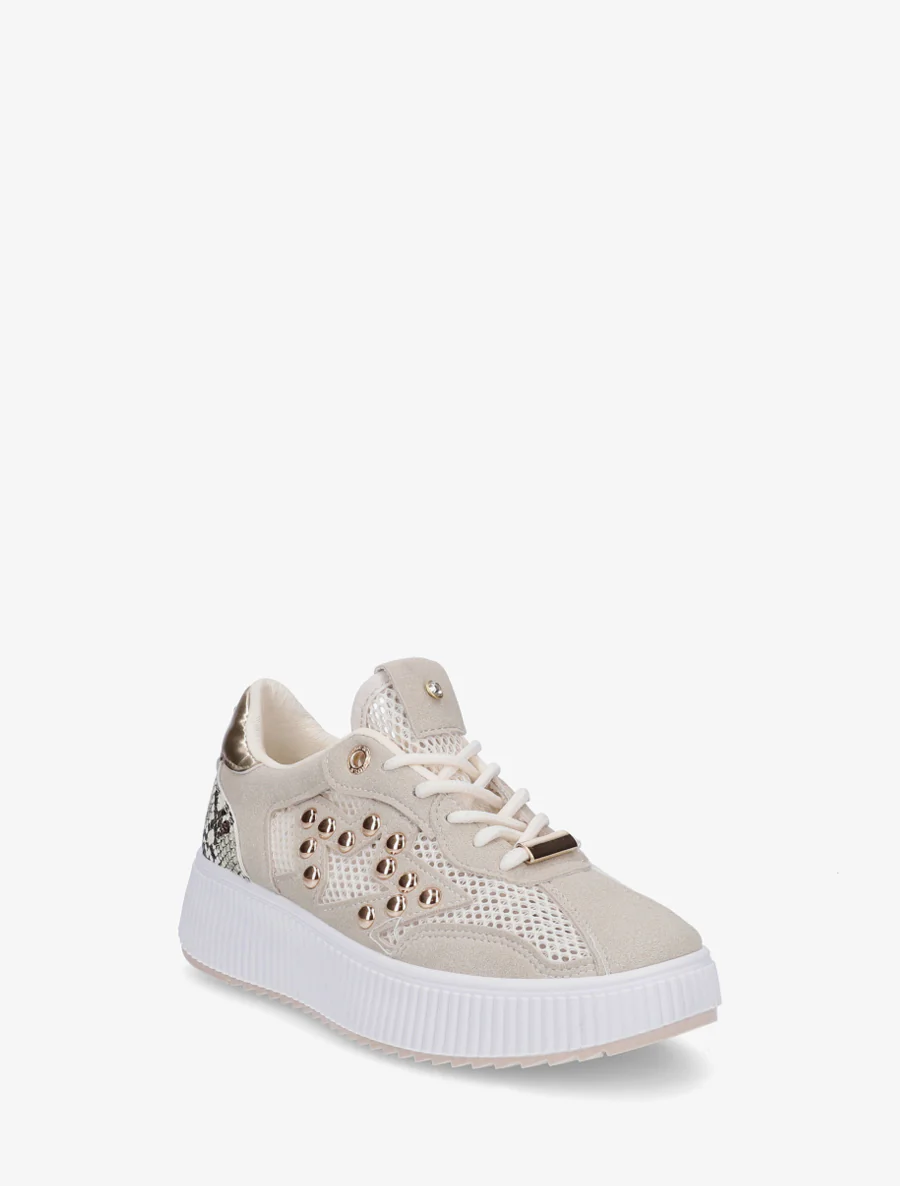 Doorgestikte sneakers met strass en geribbelde plateauzool. - Beige - Image 2