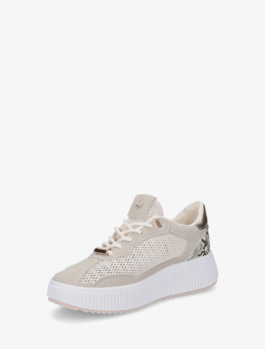 Doorgestikte sneakers met strass en geribbelde plateauzool. - Beige - Image 3