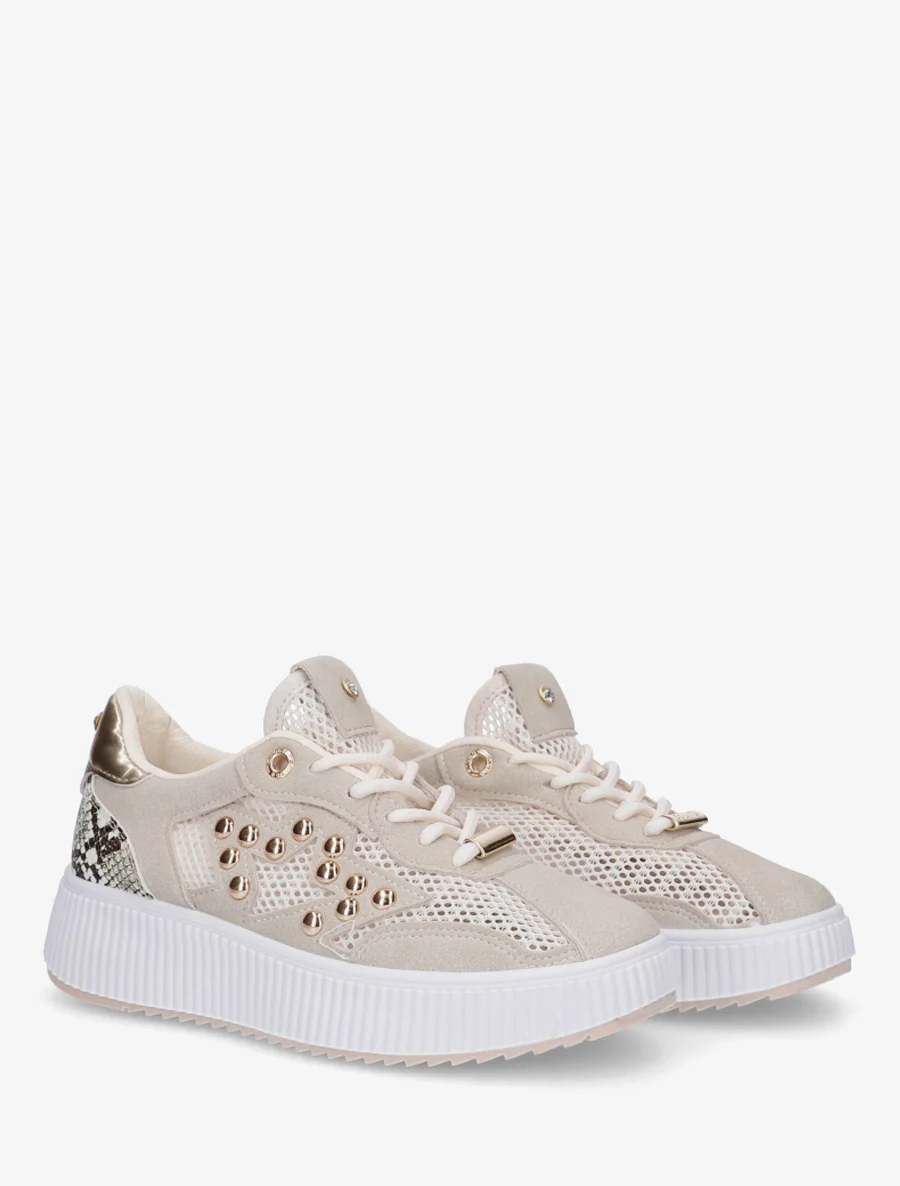 Doorgestikte sneakers met strass en geribbelde plateauzool. - Beige - Image 4