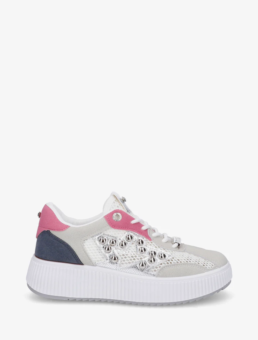 Doorgestikte sneakers met strass en geribbelde plateauzool. - Roos