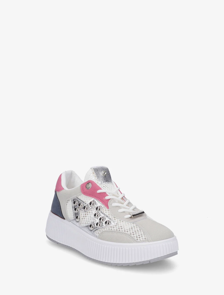 Doorgestikte sneakers met strass en geribbelde plateauzool. - Roos - Image 2