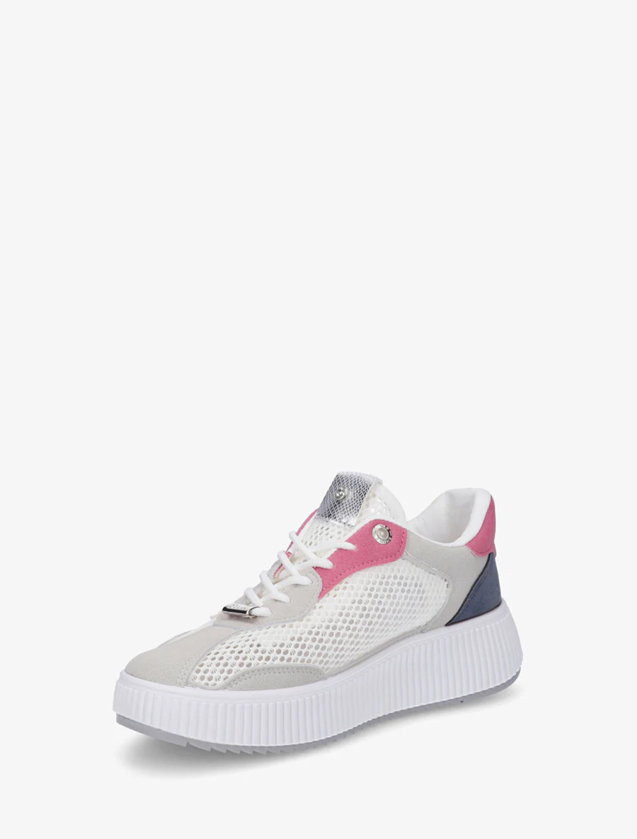 Doorgestikte sneakers met strass en geribbelde plateauzool. - Roos - Image 3
