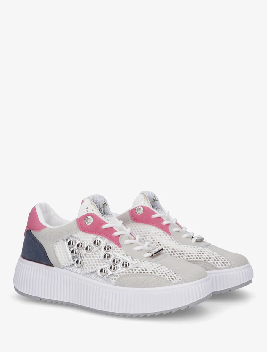 Doorgestikte sneakers met strass en geribbelde plateauzool. - Roos - Image 4
