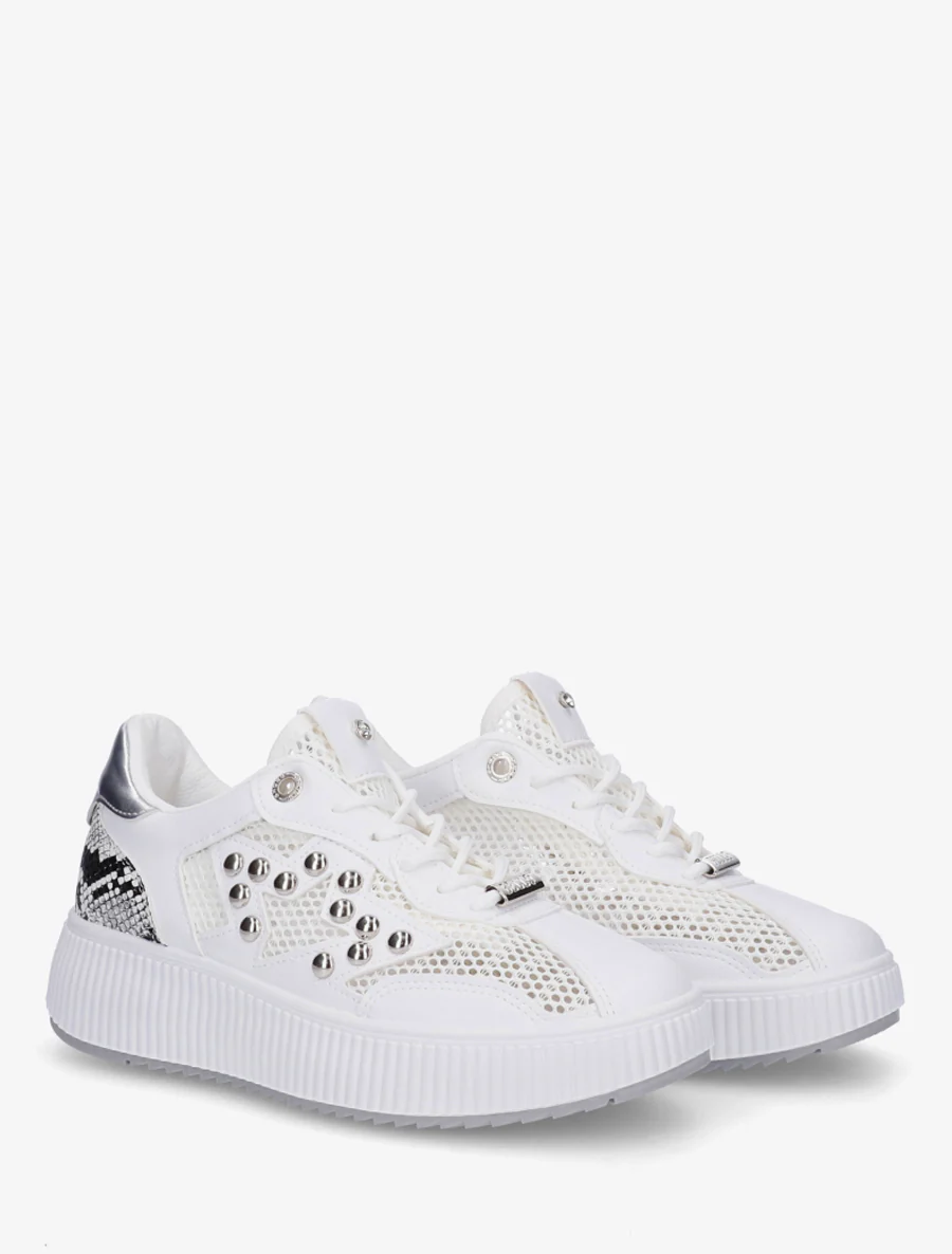 Doorgestikte sneakers met strass en geribbelde plateauzool. - Wit - Image 4