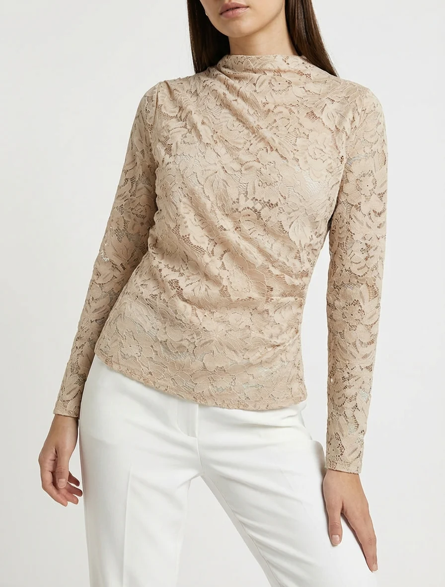 Draperende kanten top met lange mouwen - Beige - Image 4