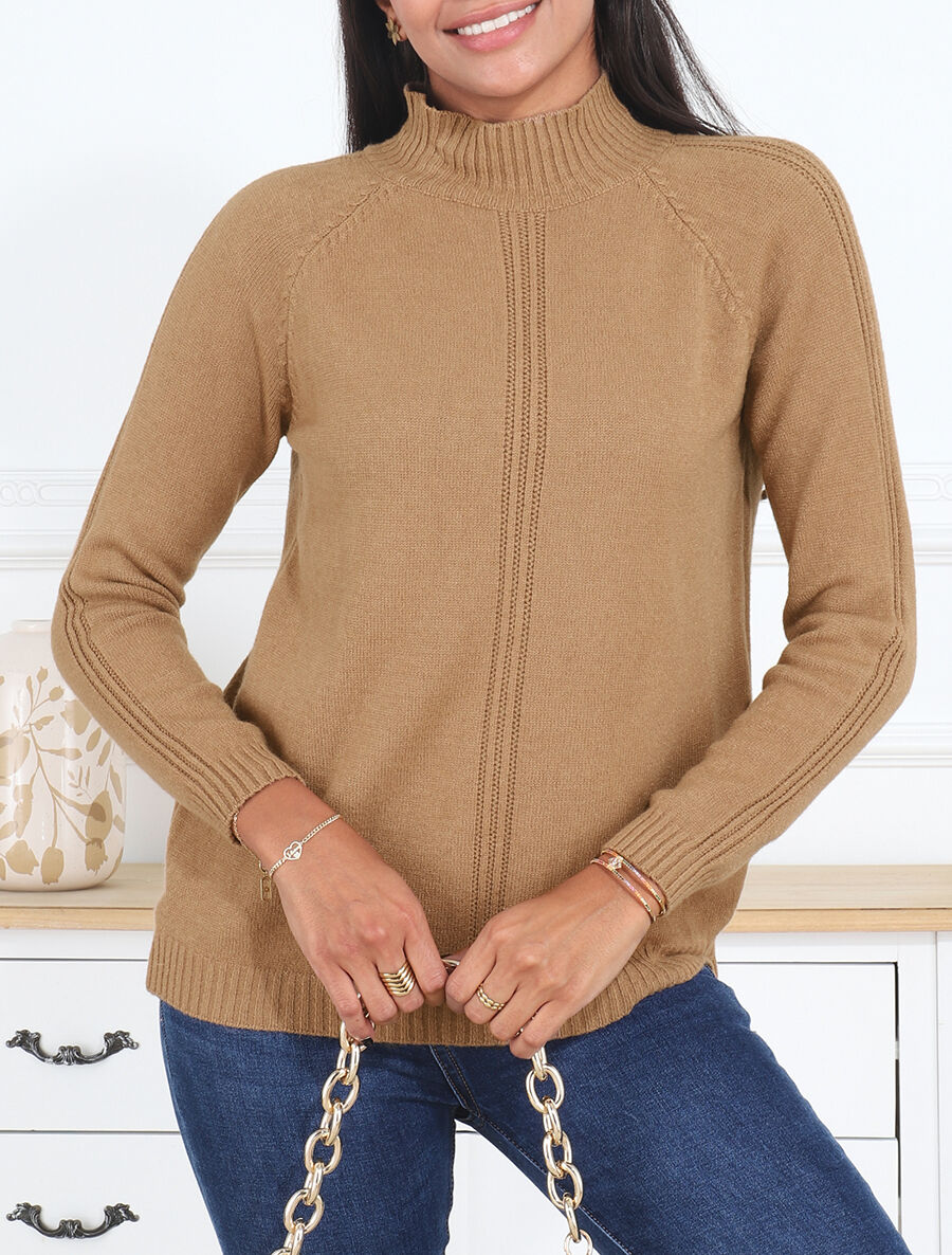 Dunne effen trui met opstaande kraag - Camel - Image 4