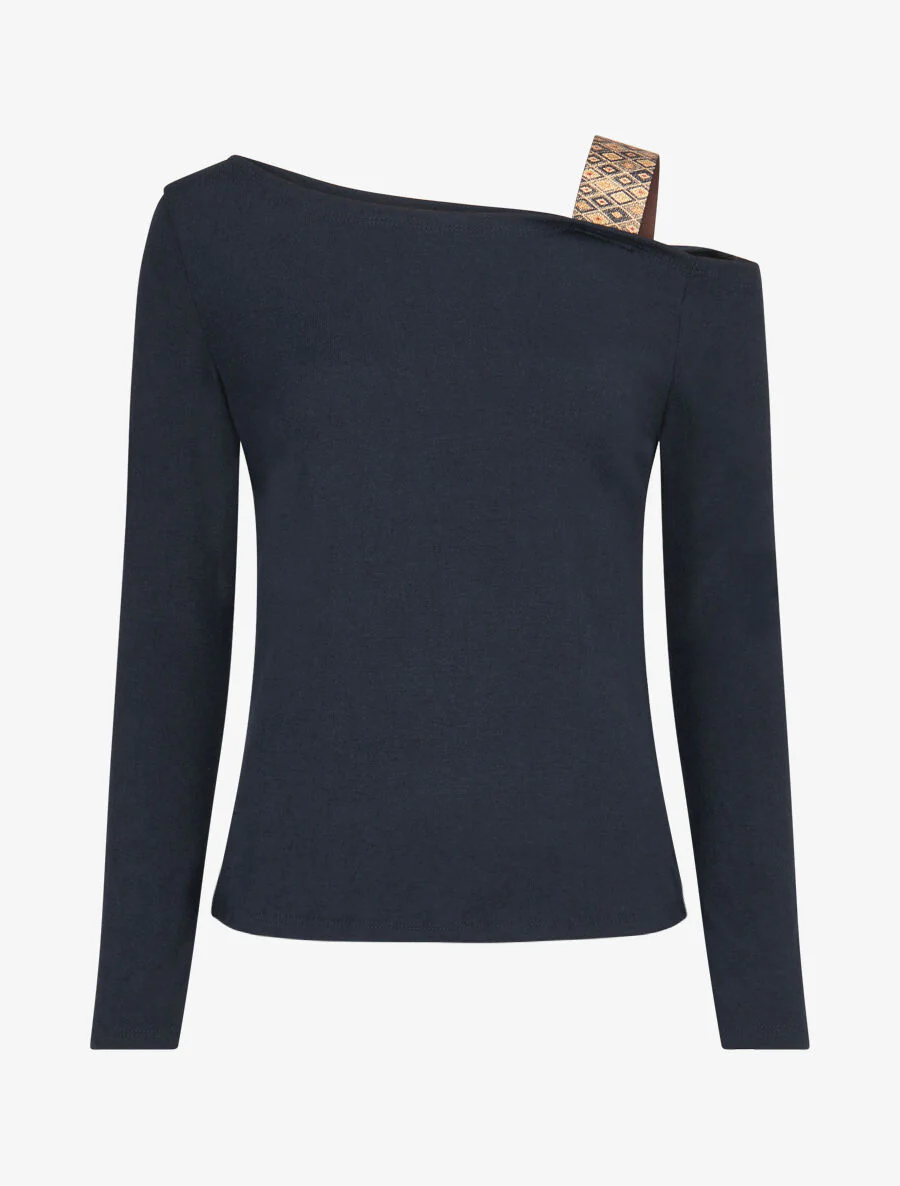 Dunne trui met bandjes met iriserende grafische print - Donkerblauw