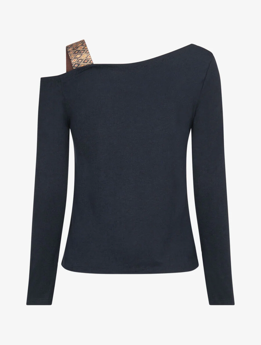 Dunne trui met bandjes met iriserende grafische print - Donkerblauw - Image 2