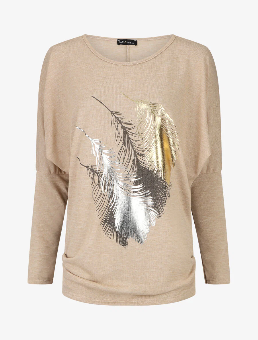 Dunne trui met iriserende 4-veren print - beige