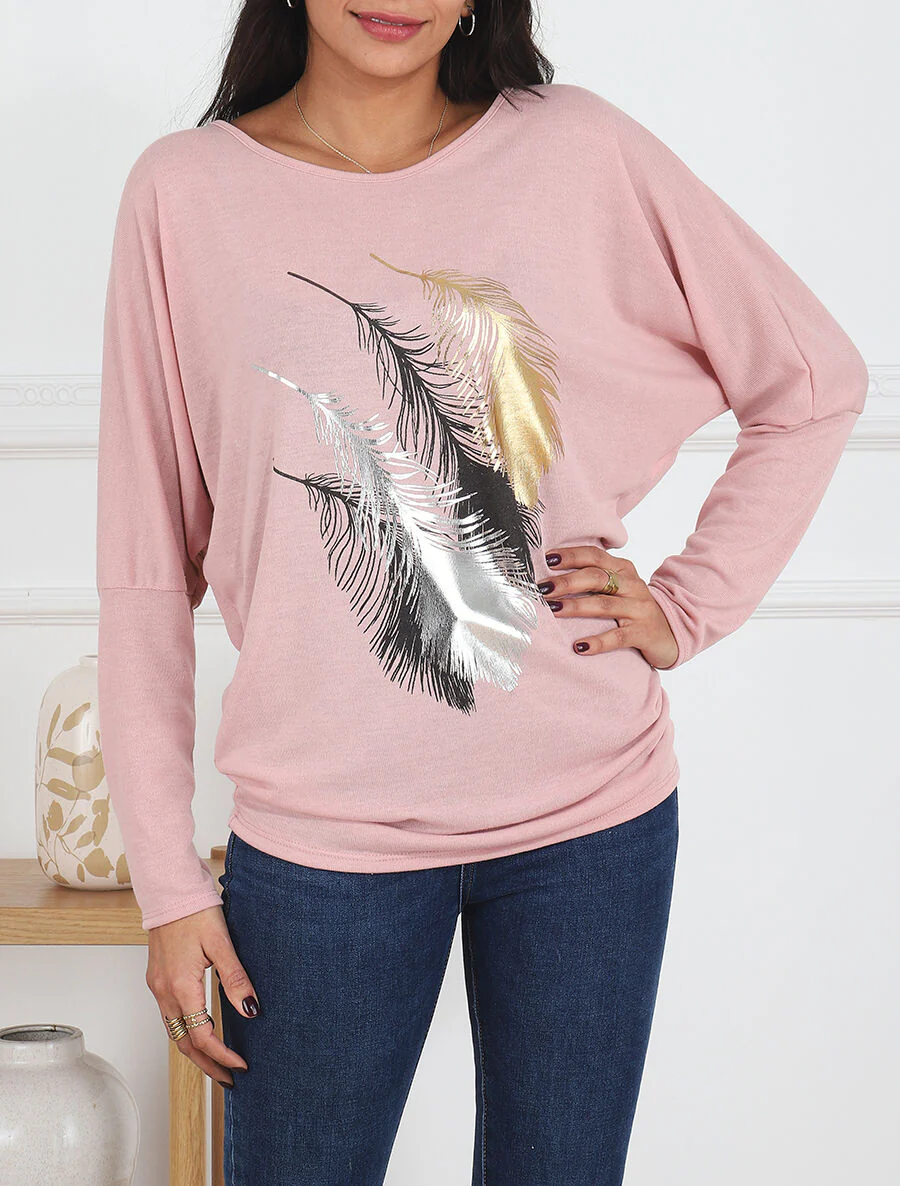 Dunne trui met iriserende 4-veren print - Roze - Image 4