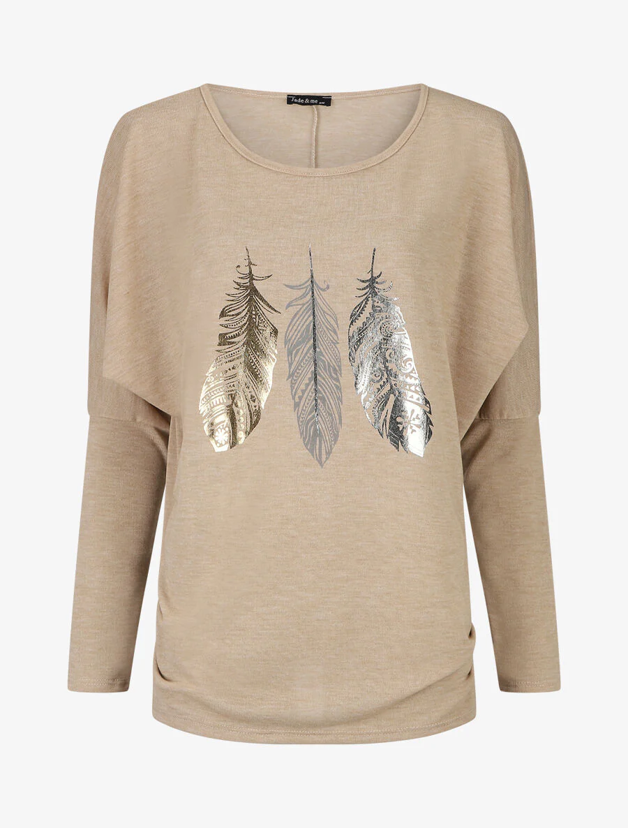 Dunne trui met iriserende veren print - Beige