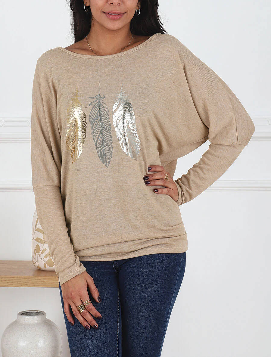 Dunne trui met iriserende veren print - Beige - Image 4
