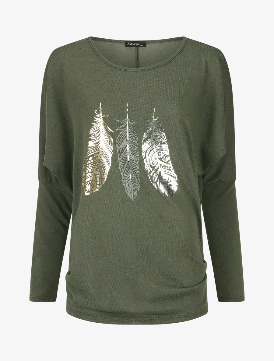 Dunne trui met iriserende veren print - Khaki