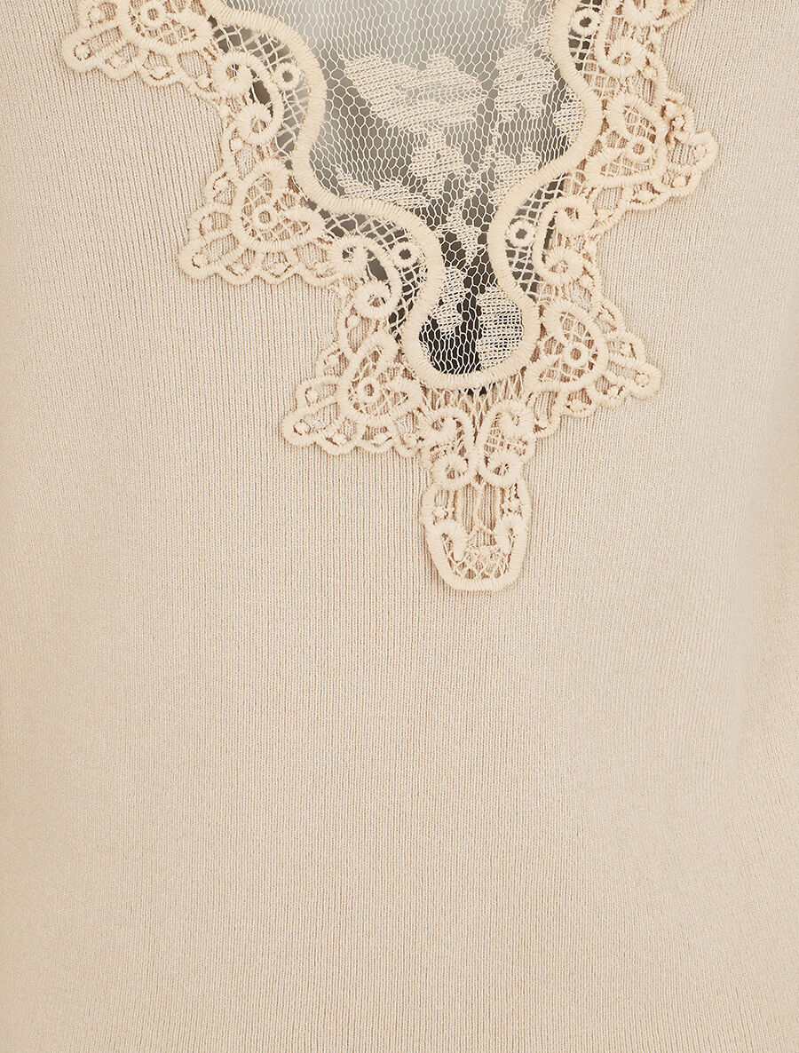 Dunne trui met kanten rug - beige - Image 4