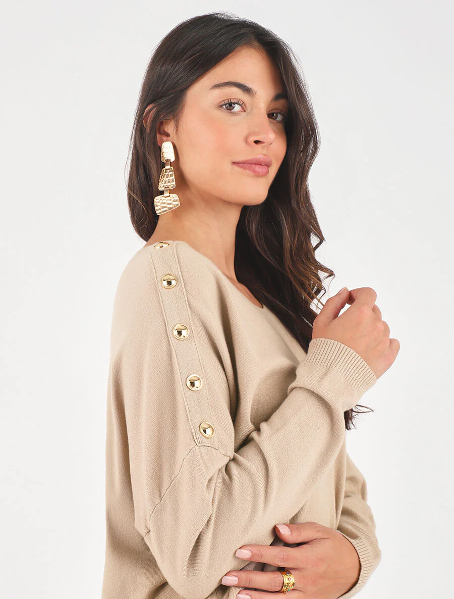Dunne trui met ronde hals en sierknopen - beige - Image 3