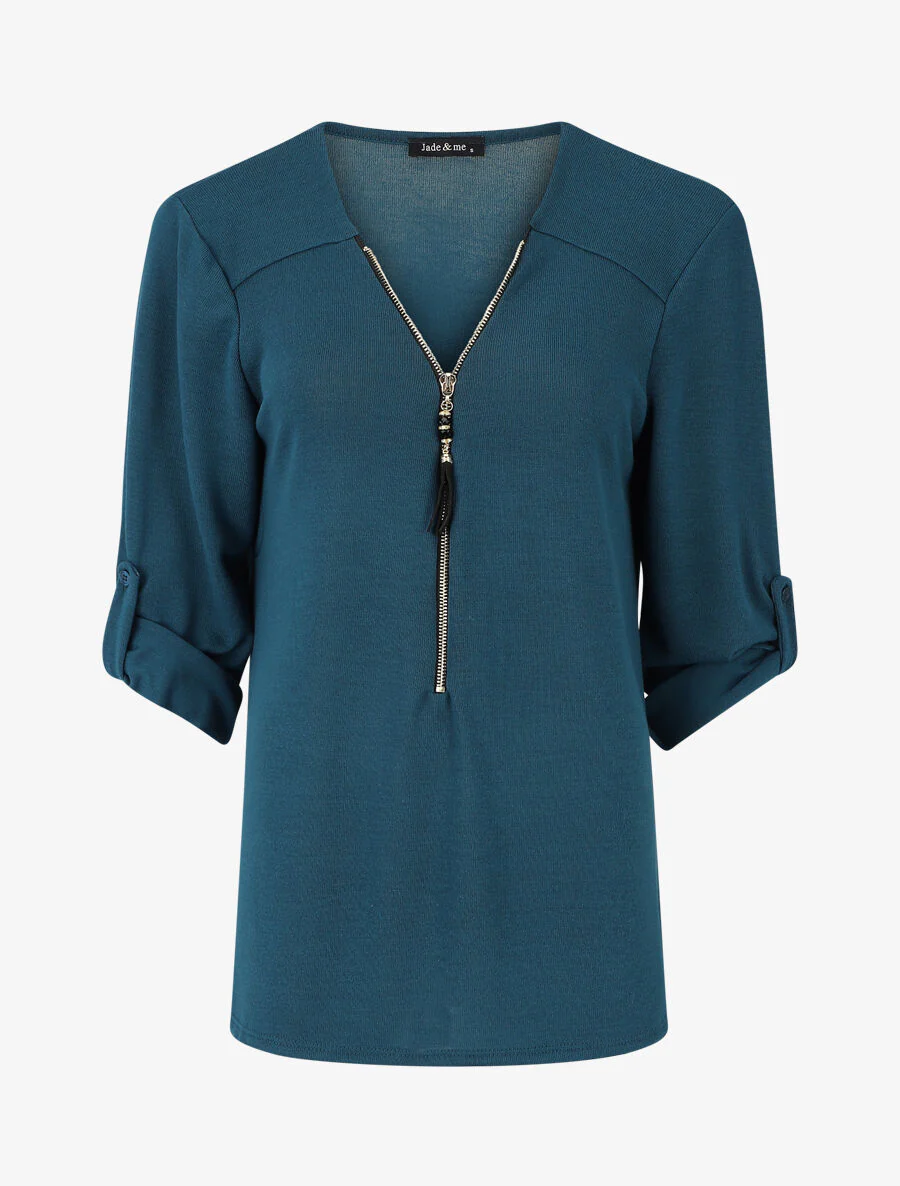 Dunne trui met V-hals en ritssluiting - Blauwgroen