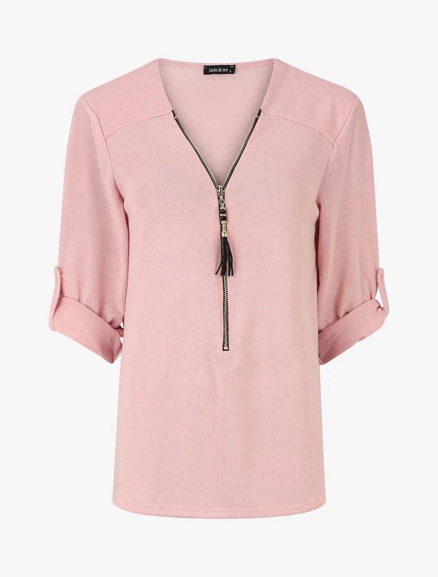 Dunne trui met V-hals en ritssluiting - Roze