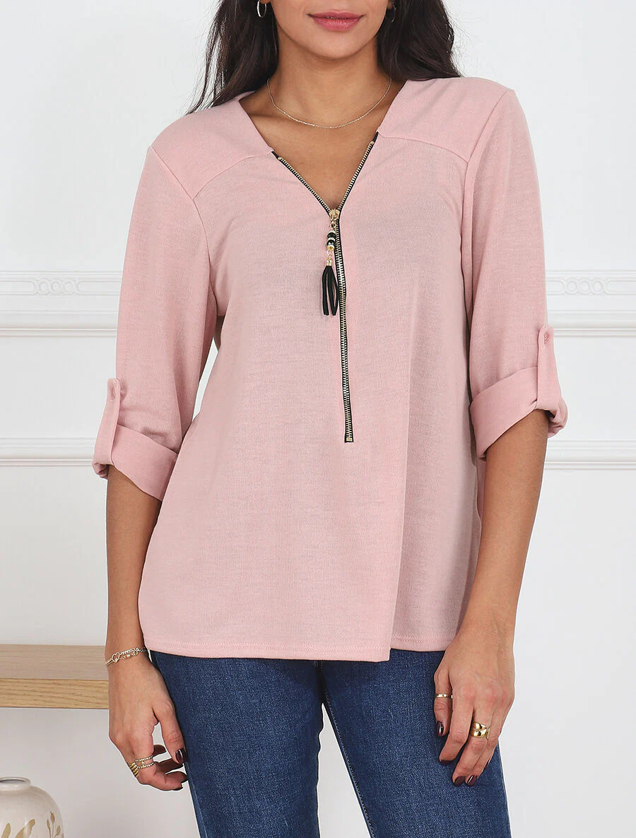 Dunne trui met V-hals en ritssluiting - Roze - Image 4