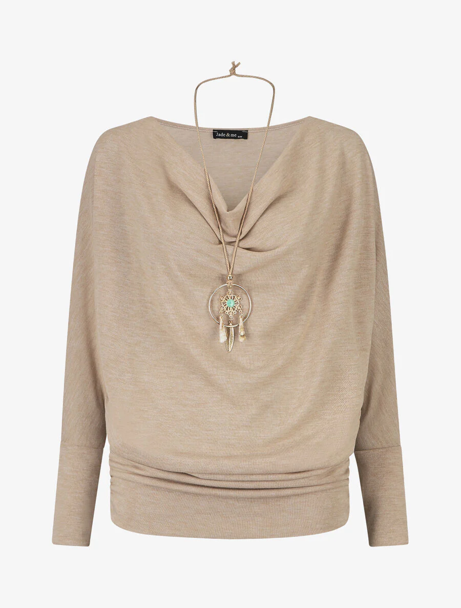 Dunne trui met watervalhals - beige