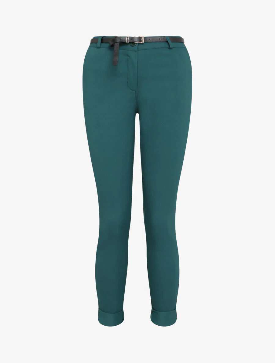 Een effen 7/8 broek met omgekeerde zomen - Dennengroen