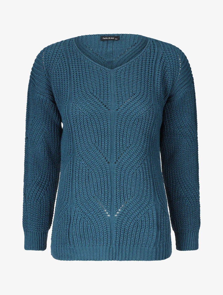 Een effen trui met een ronde hals in een grote tricotsteek - Blauwgroen