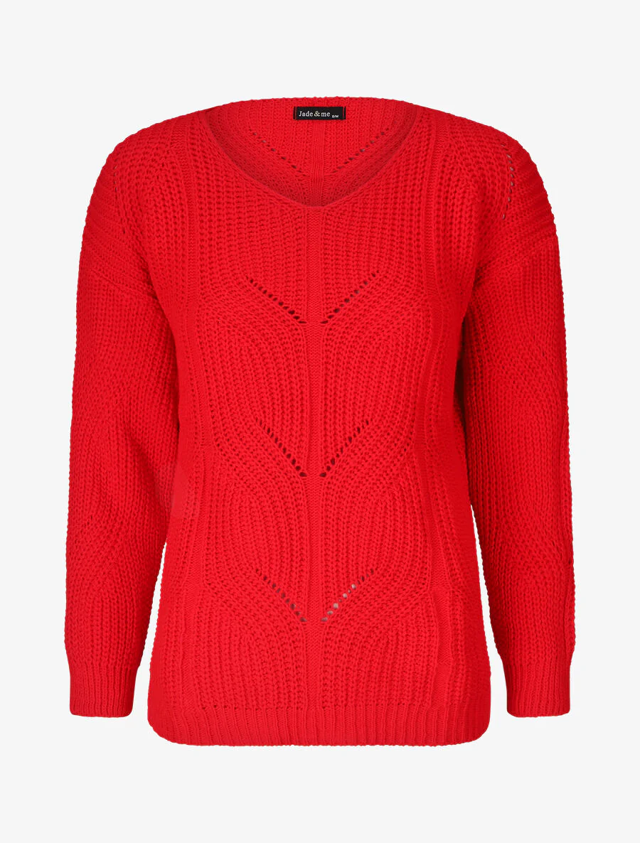 Een effen trui met een ronde hals in een grote tricotsteek - Rood