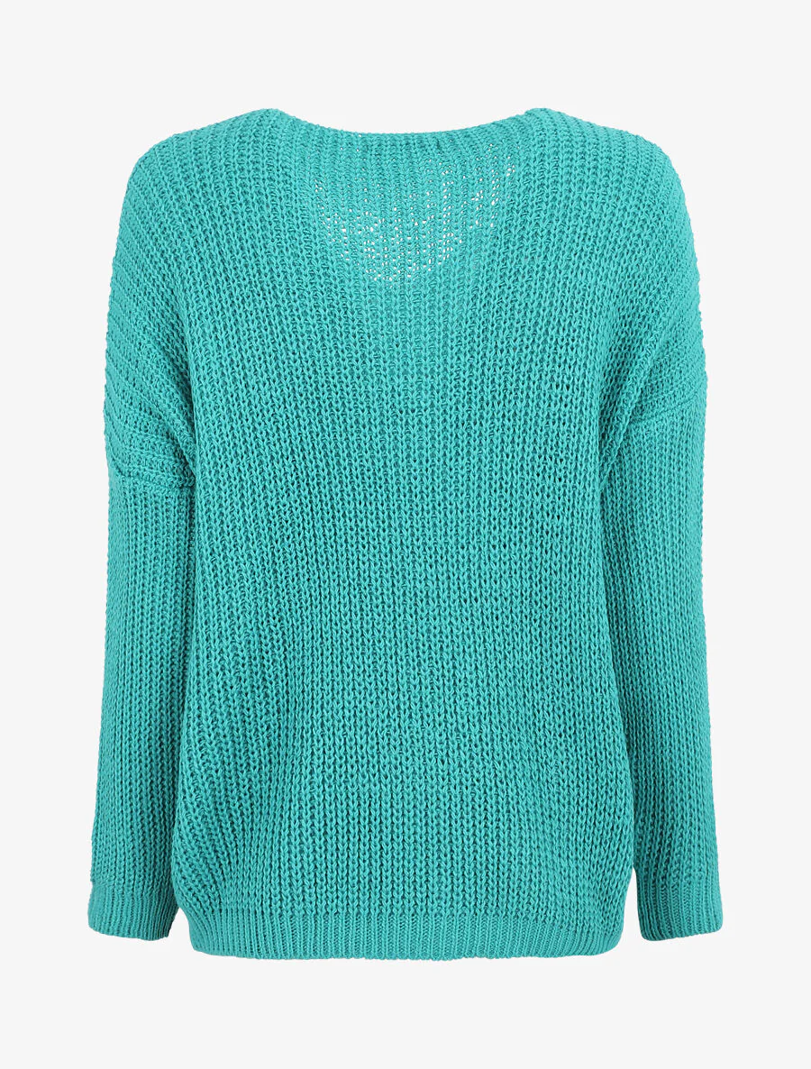 Een effen trui met een V-hals en een gevlochten rand. - Turkoois - Image 2