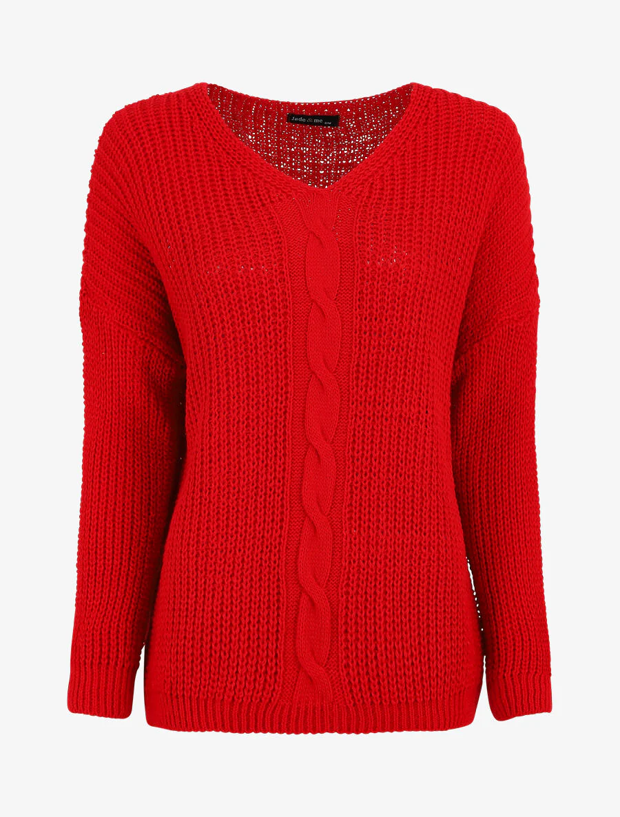 Een effen trui met een V-hals en een gevlochten rand. - Rood