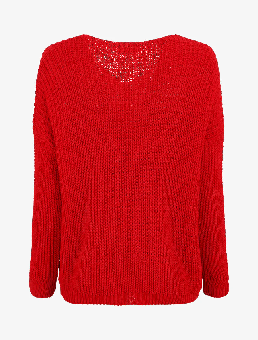 Een effen trui met een V-hals en een gevlochten rand. - Rood - Image 2