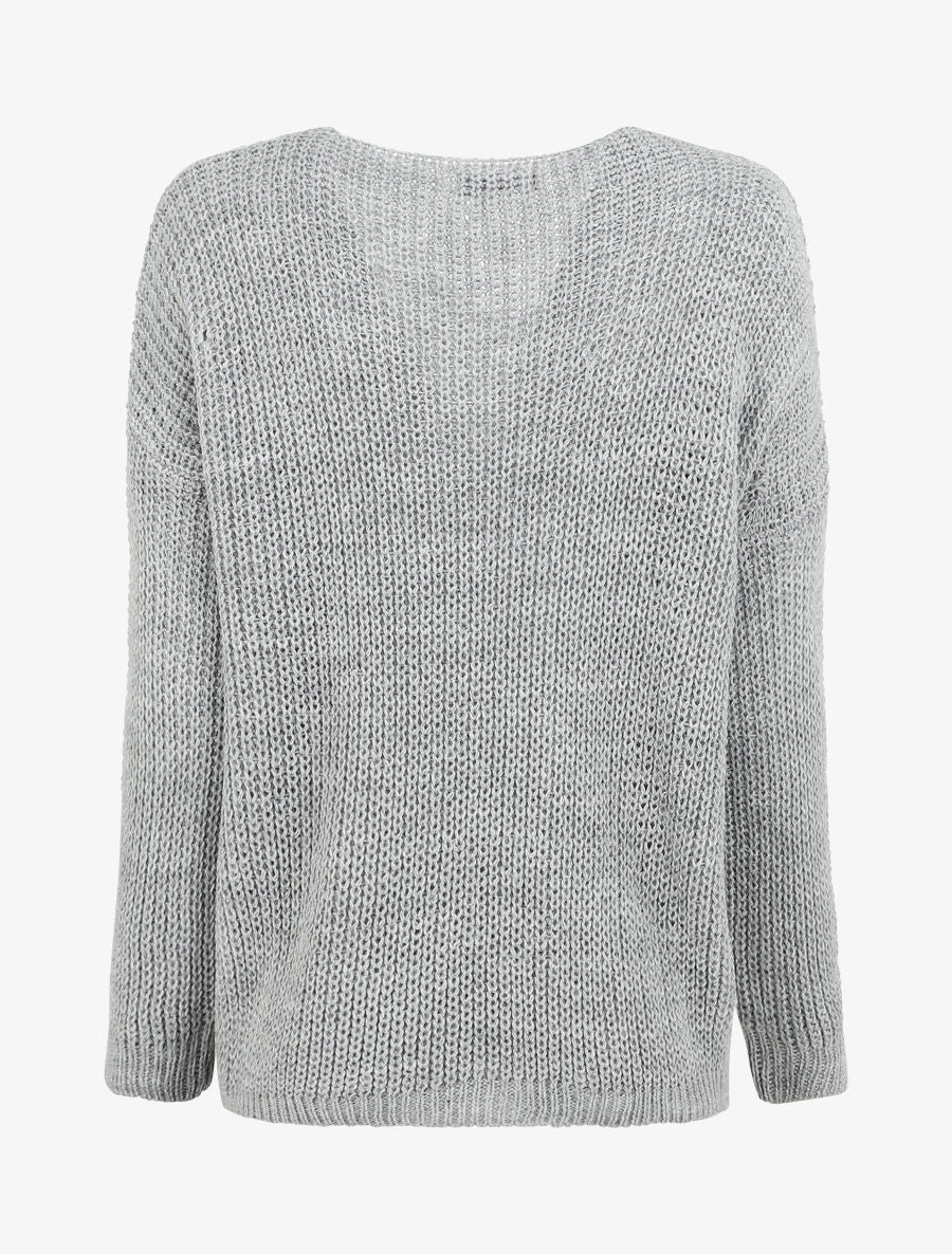Een effen trui met een V-hals en een gevlochten rand. - Grijs - Image 2