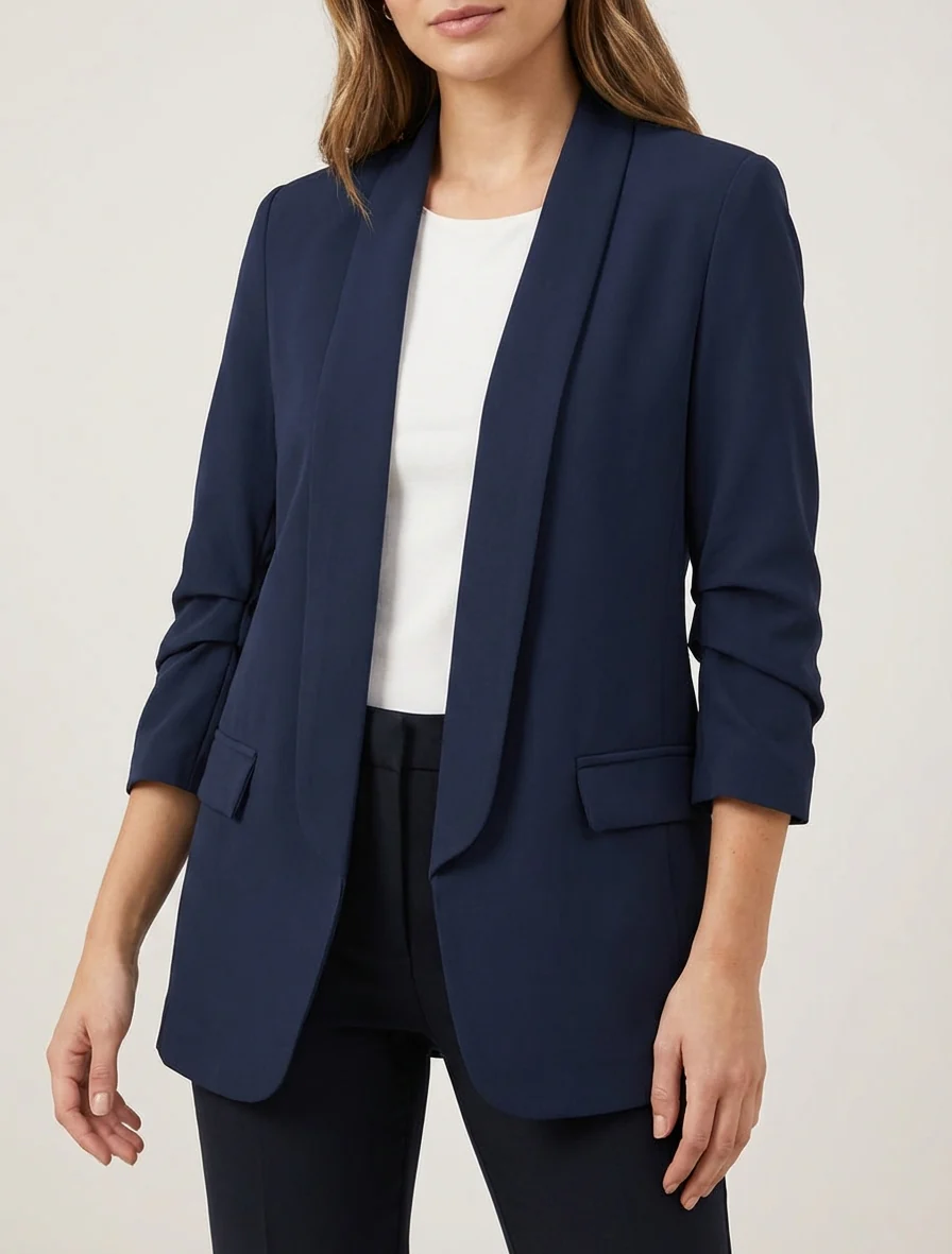 Effen blazer met geplooide mouwen - Marine - Image 4