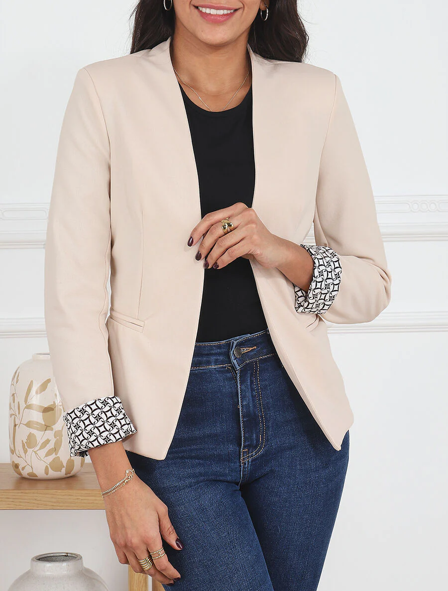 Effen blazer met revers en alfabetprint - Beige - Image 4
