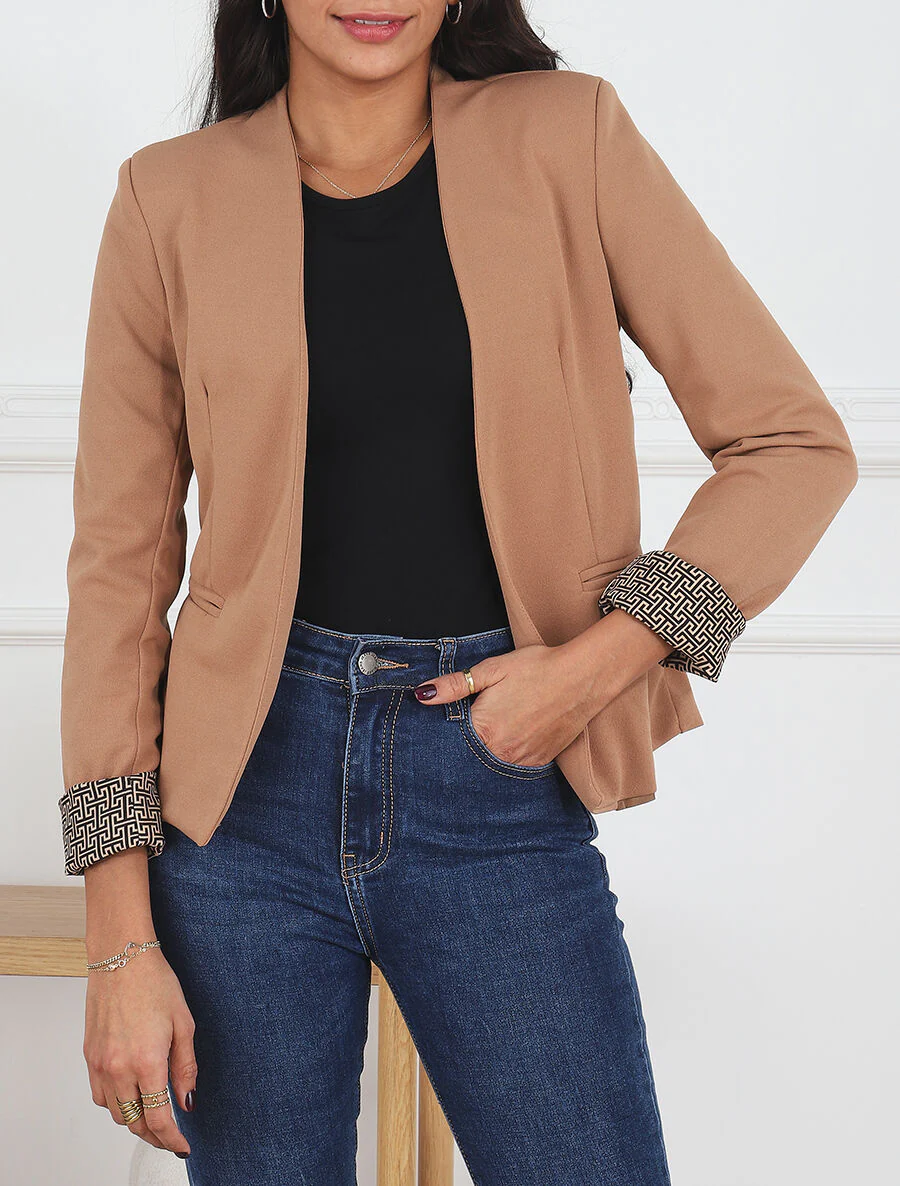Effen blazer met revers en Griekse print - Kameel - Image 4