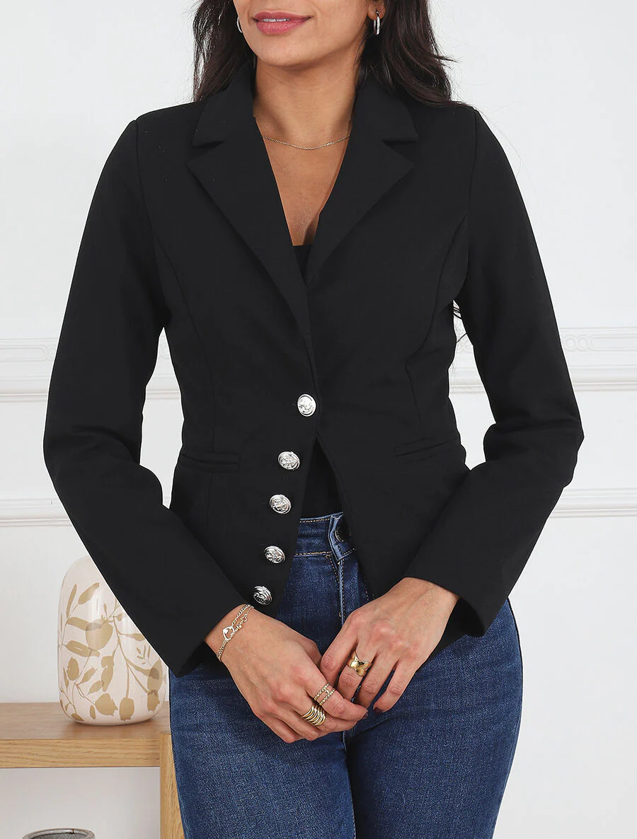 Effen blazer met sierknopen - Zwart - Image 4